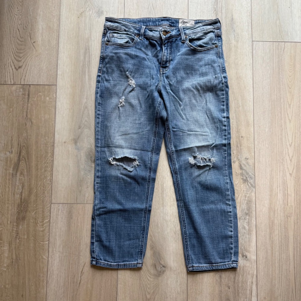 Cosmic Blue Love Distressed Boyfriend Jeans Medium Wash Stretch Women's 30 EUC